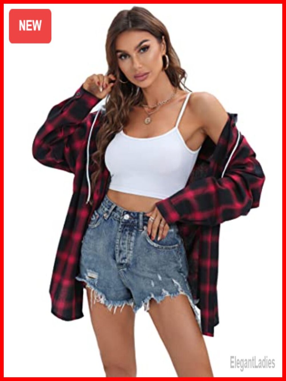 Womens Plaid Flannel Hoodie Oversized Button Down Shirt Jacket